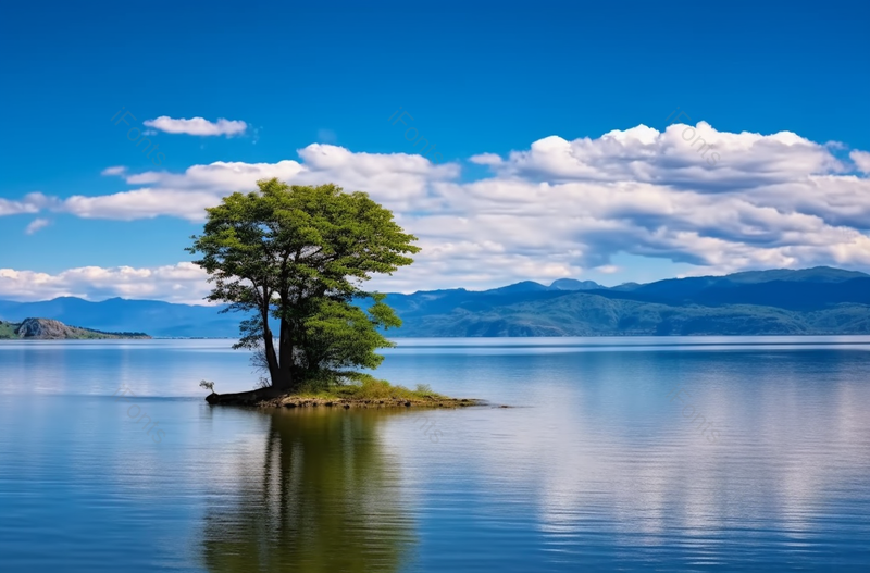 实拍云南大理洱海水杉和蓝天白云景,高清,摄影图,摄影图片,图片大全,摄影图免费下载